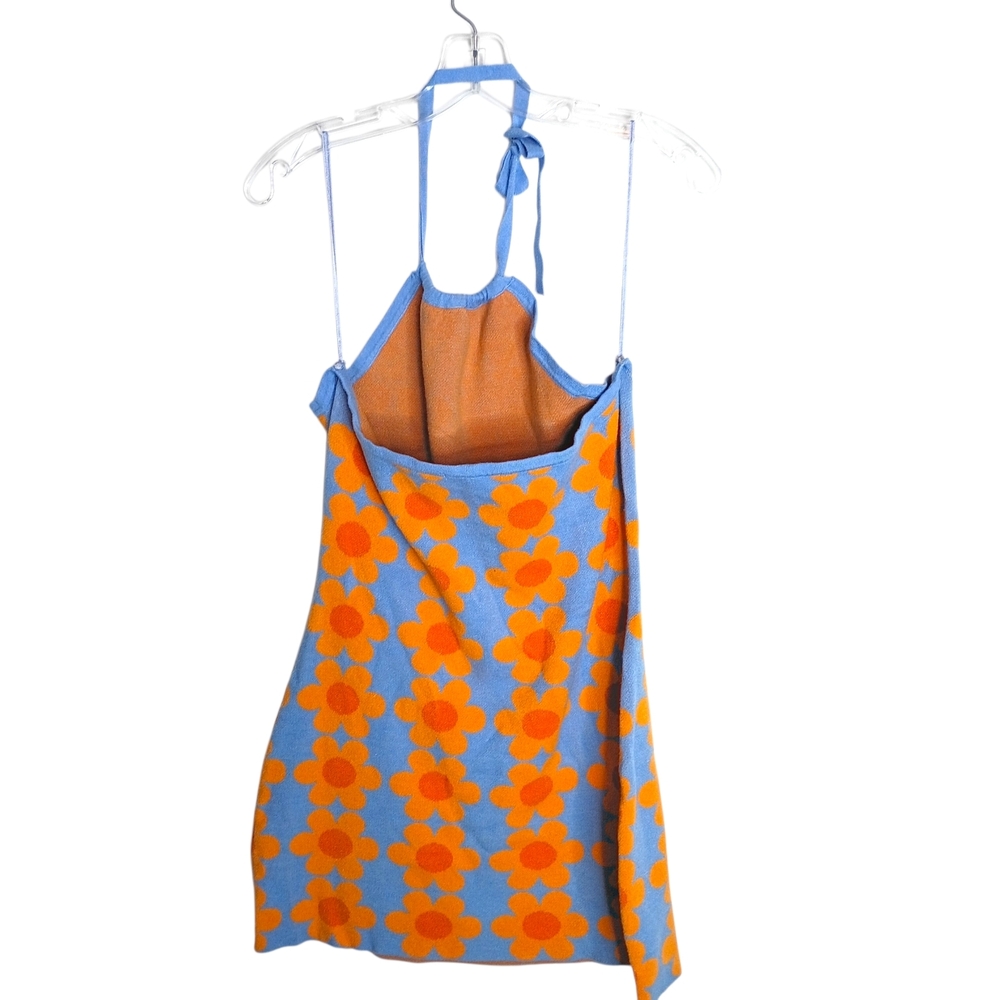 Baevely -Blue Daisy Halter Dress with Orange Floral Pattern - L - Picture 4 of 6